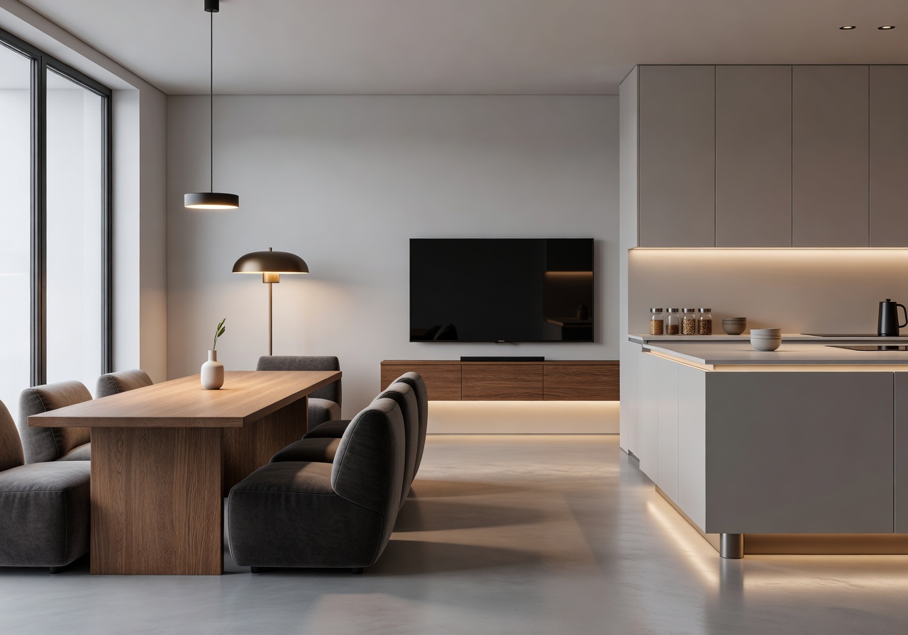 Balanced ambient and task lighting in modern interior