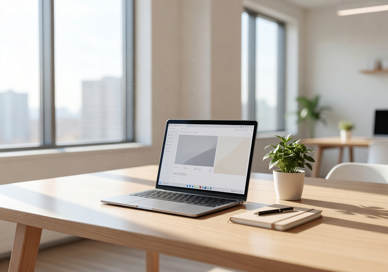 Bright workspace with laptop on table