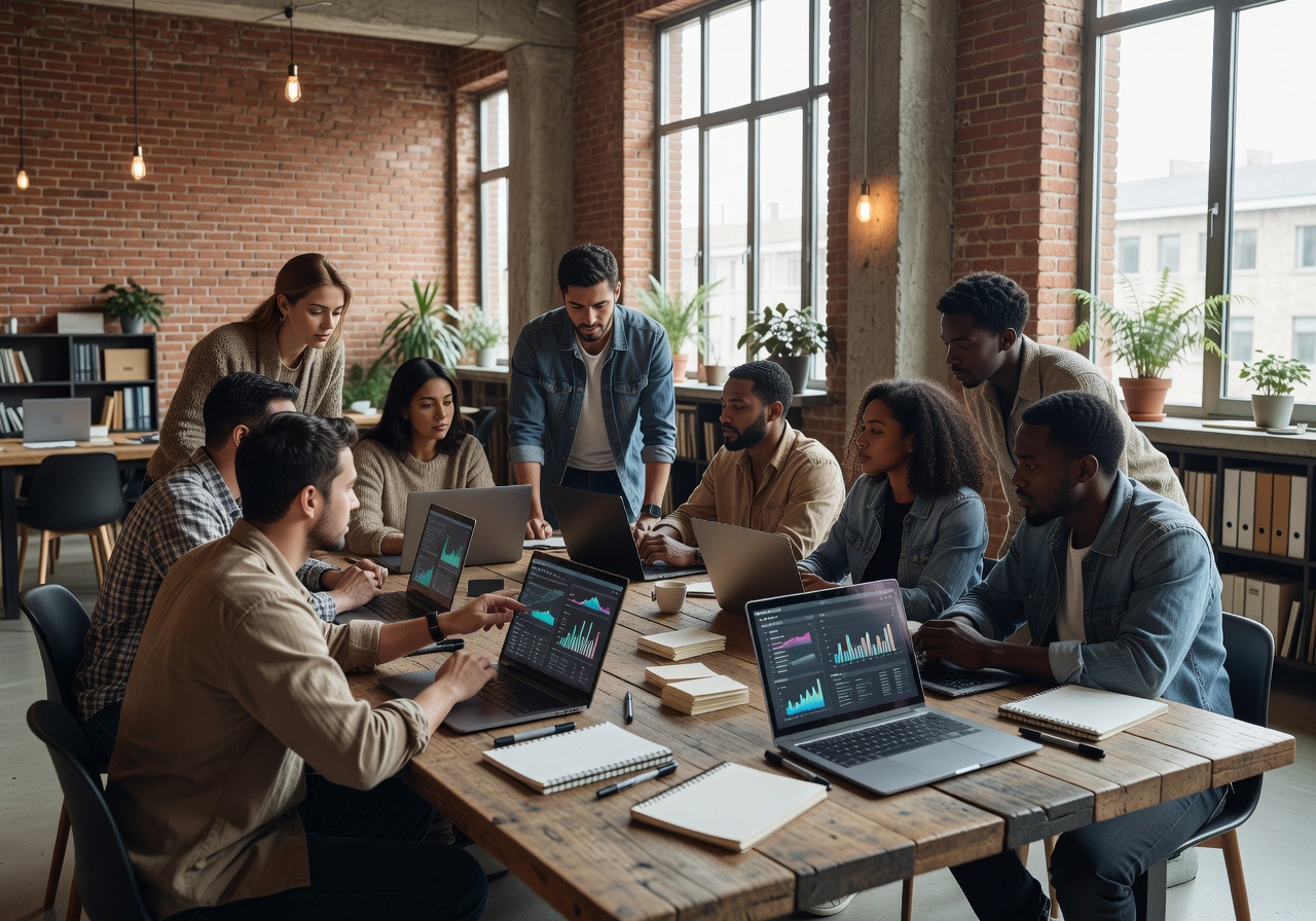 Collaborative workspace with laptops