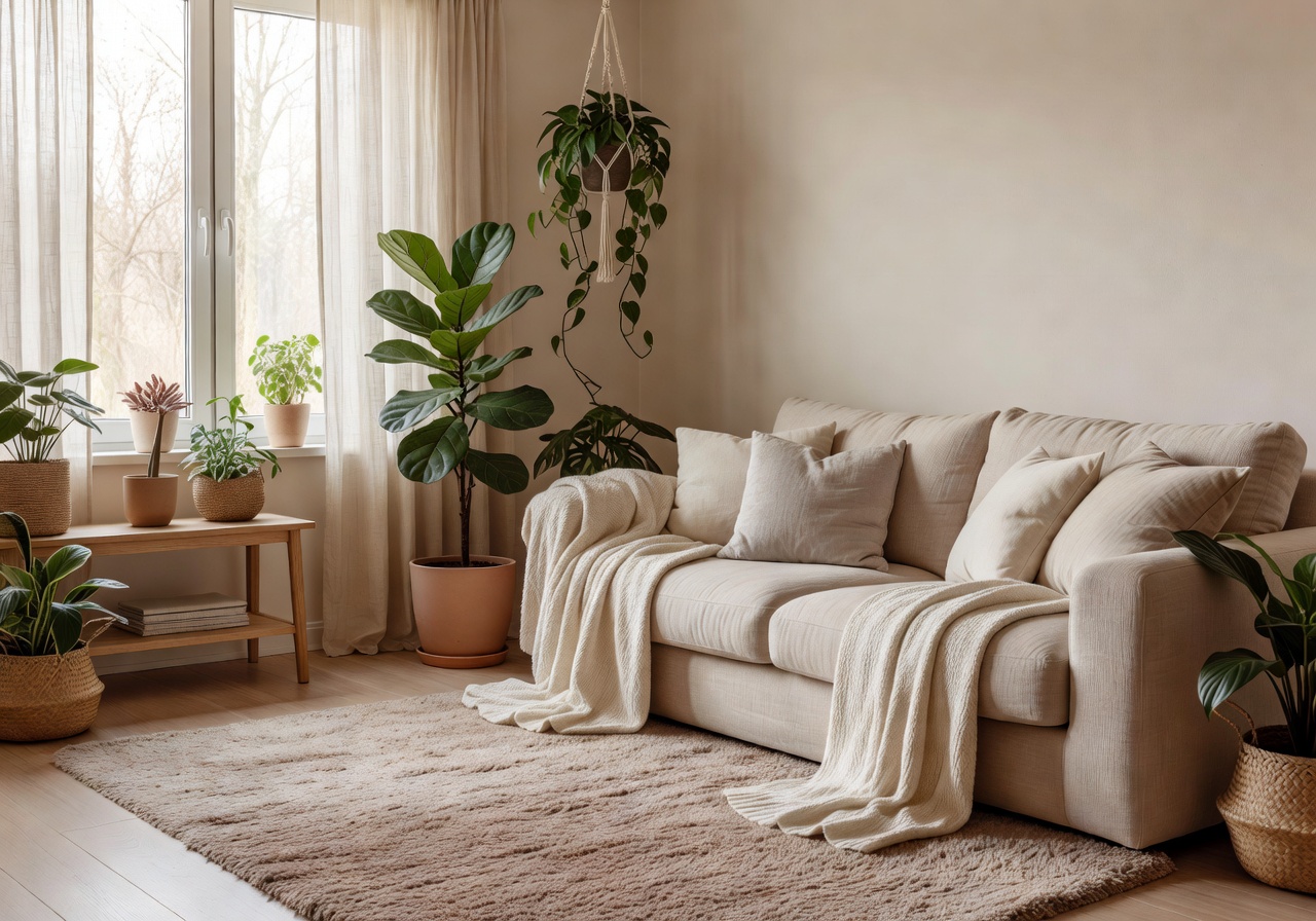 Cozy living room with neutral tones and indoor plants