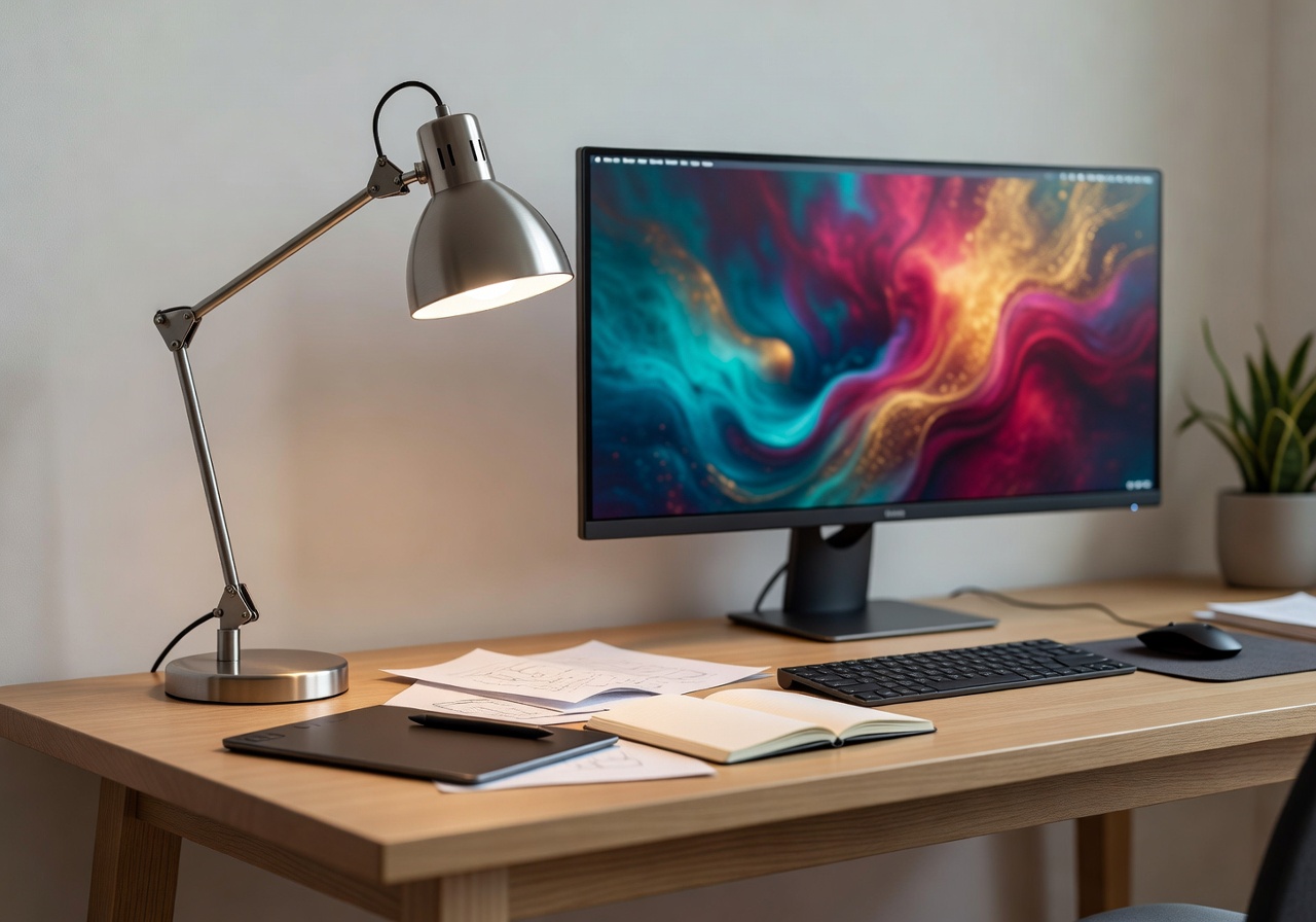 Creative workspace with desk lamp and monitor setup