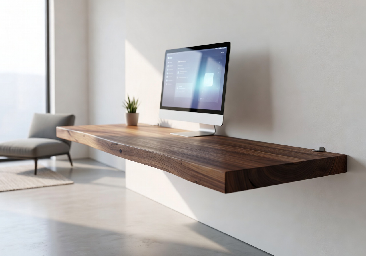 Floating wooden desk with monitor