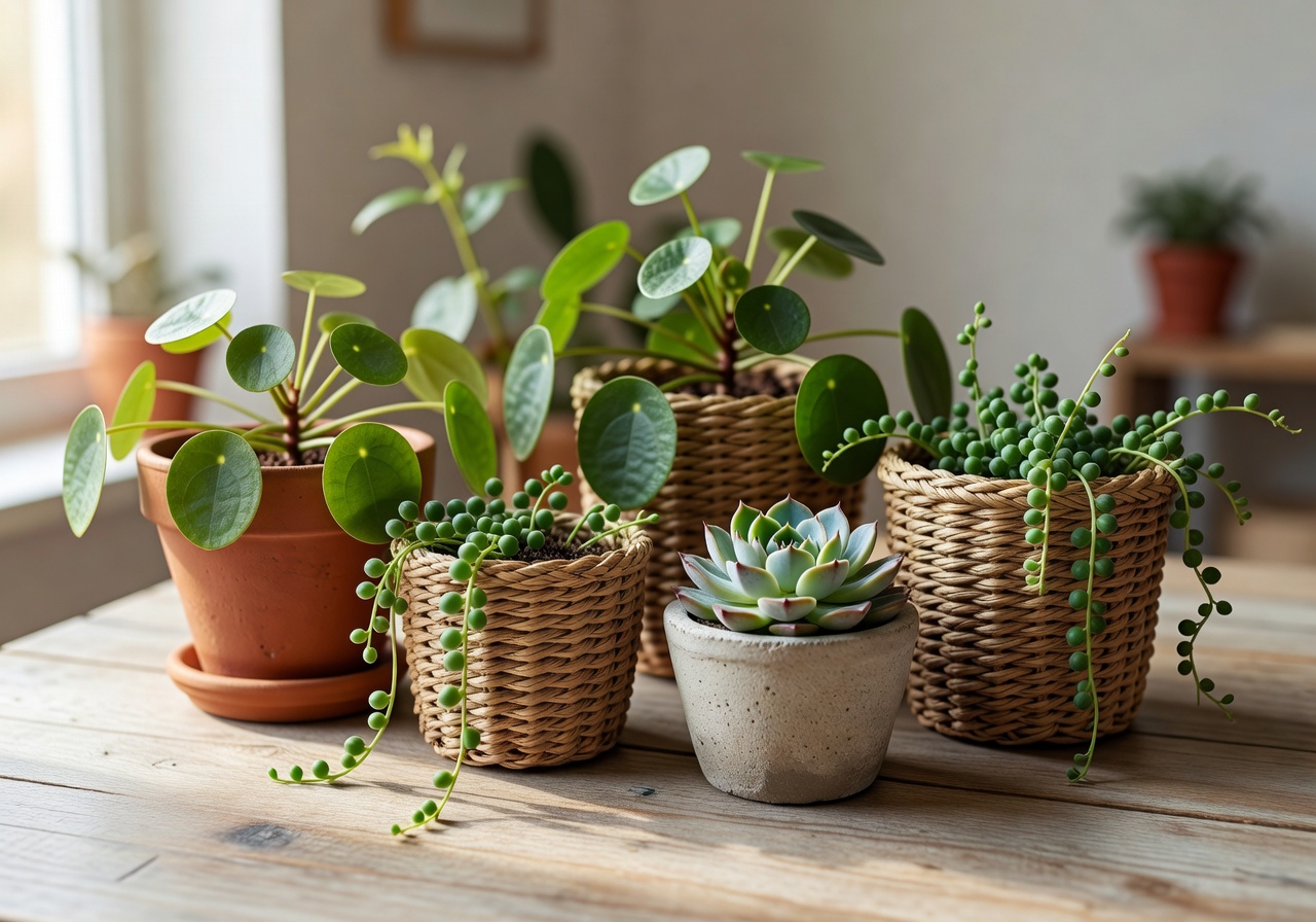 Indoor plant styling on wooden shelves