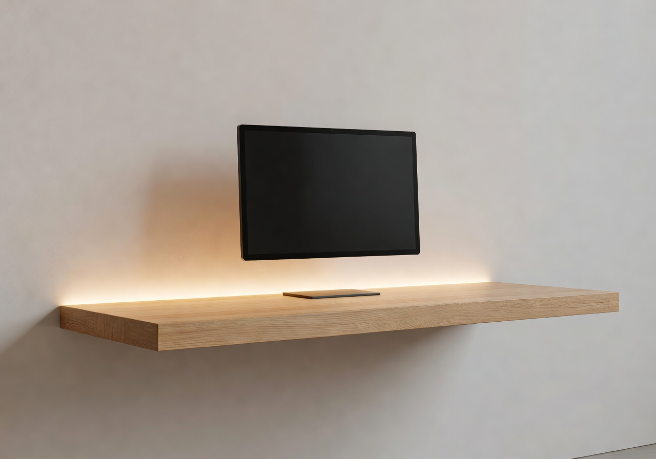 Minimal floating desk setup with monitor and warm lighting