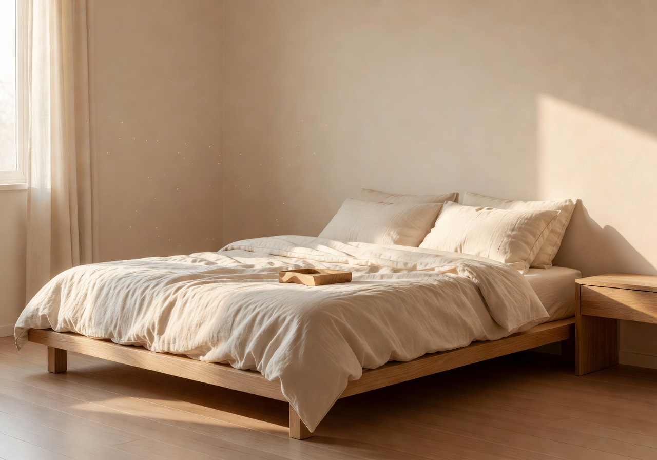 Minimal warm bedroom with linen bedding and wooden accents