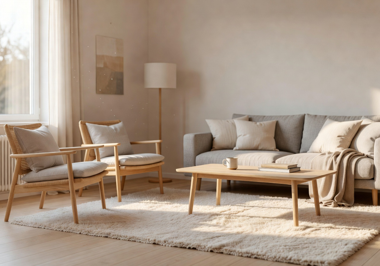 Modern cozy living room with warm sunlight and Scandinavian furniture