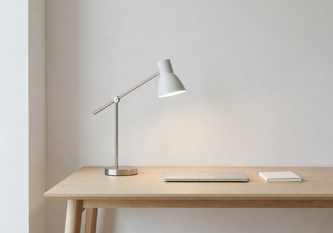 Modern minimal workspace with desk lamp