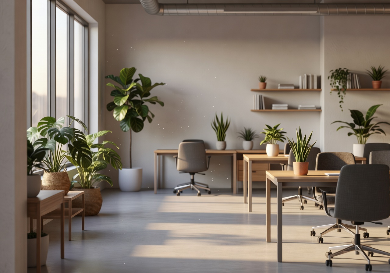 Modern office room with plants