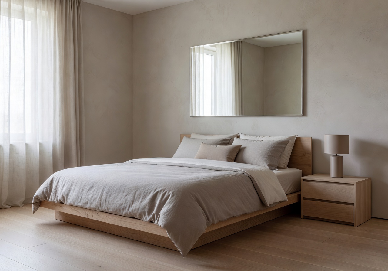 Neutral toned bedroom interior with linen bedding