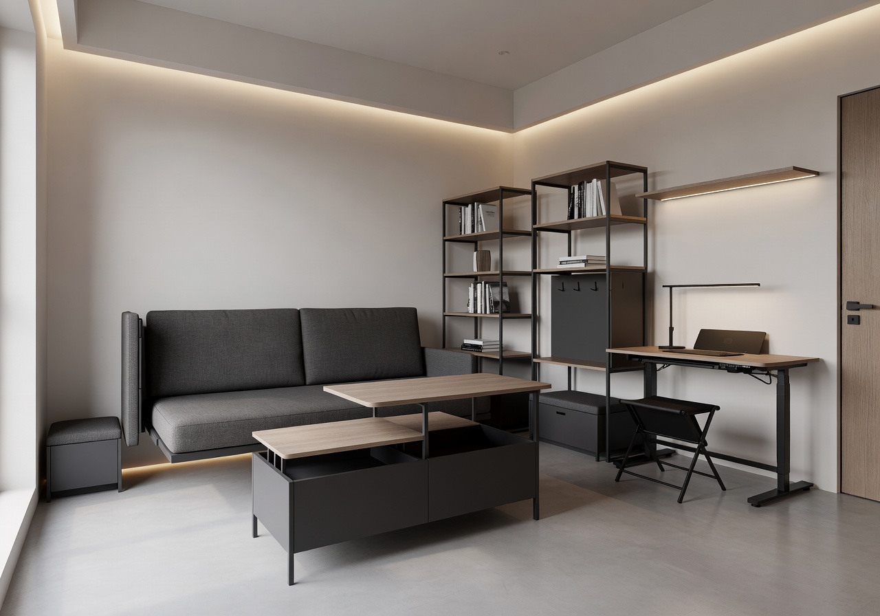 Small apartment interior with smart furniture arrangement