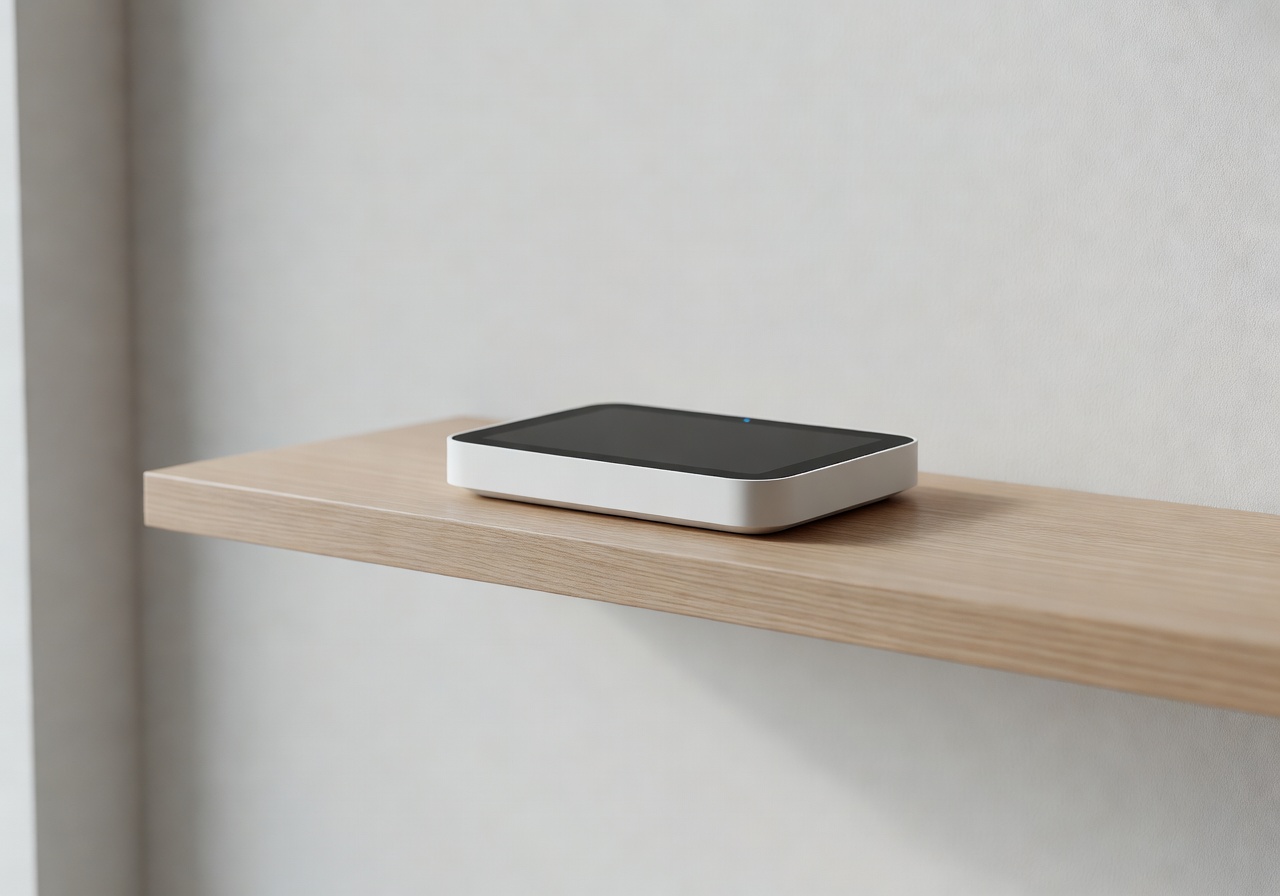 Smart home device integrated into minimalist kitchen shelf