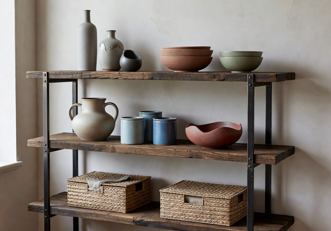 Styled wooden shelves with books and ceramics