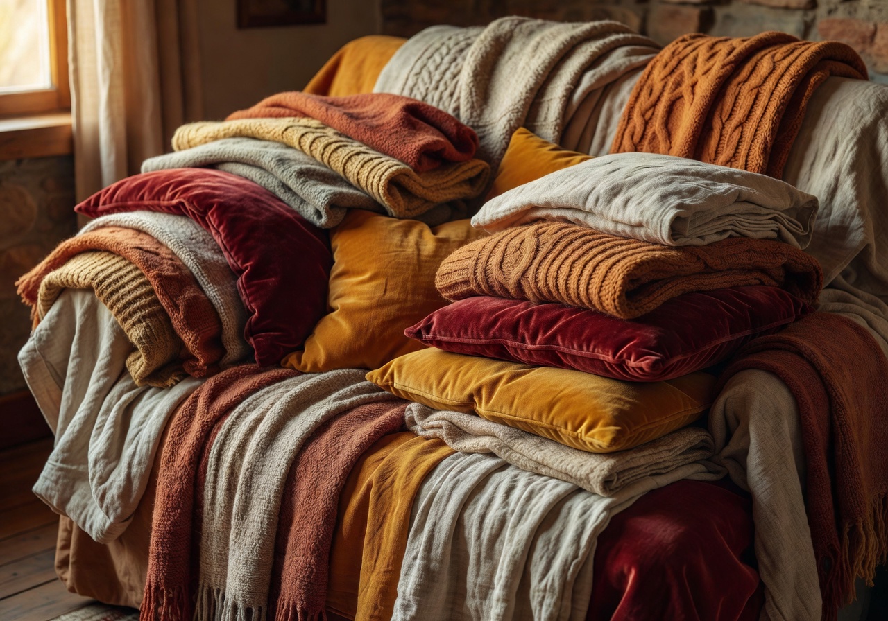 Textured layered interior with warm fabrics