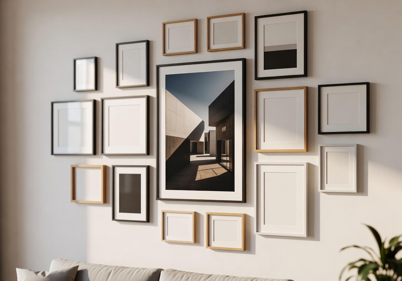 Wall decor with framed art and shelves