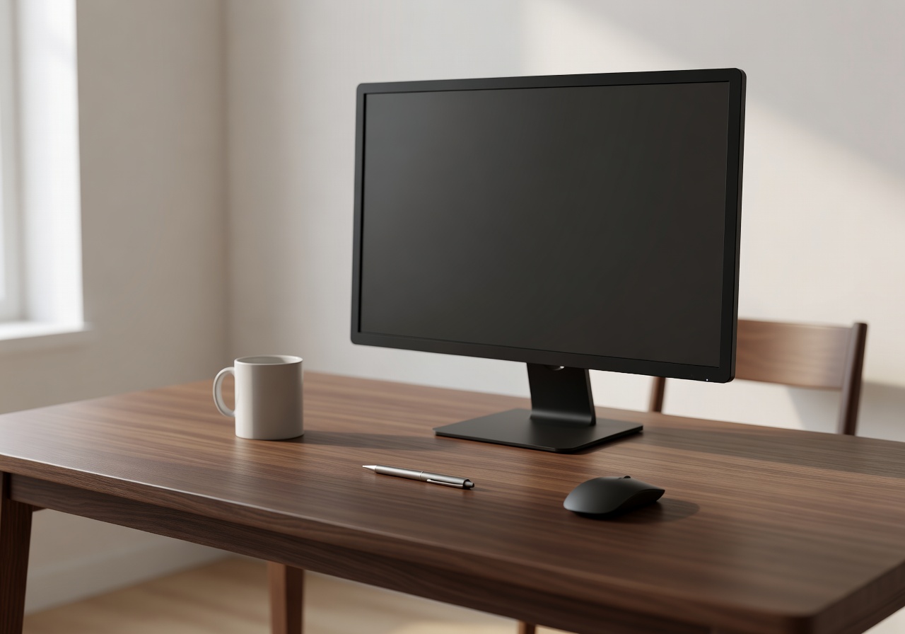 Wooden desk with monitor and minimal accessories